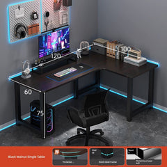 An L-shaped black walnut computer desk with a steel frame and integrated bookshelf.