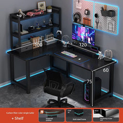 An L-shaped computer desk with an integrated bookshelf and carbon fiber finish.