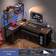 An L-shaped computer desk with a built-in bookshelf and dark wood finish.