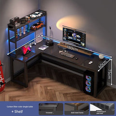 L-shaped computer desk with bookshelf, dual monitors, and RGB lighting.