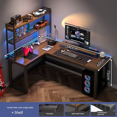 An L-shaped corner computer desk with an integrated bookshelf and wood-grain desktop.