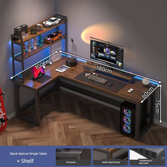 An L-shaped computer desk with a built-in bookshelf and black walnut finish.