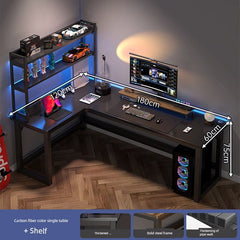 An L-shaped computer desk with a carbon fiber finish and an integrated three-tier bookshelf.