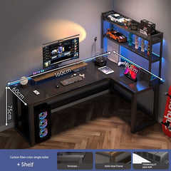 An L-shaped computer desk with a carbon fiber finish and an integrated three-tier bookshelf.