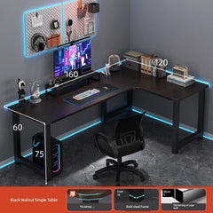 An L-shaped black walnut computer desk with a steel frame and integrated bookshelf.