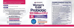 Wholesome Wellness Women's Raw Probiotic 100 Billion CFU supplement bottle label.