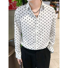 Draped Chiffon Casual Long Sleeve Black and White Polka Dot Shirt - SHOWLU FASHION STORE