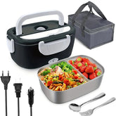 A black electric heated lunch box with a stainless steel tray, carrying bag, and power cables.