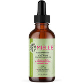A two-ounce bottle of Mielle Rosemary Mint scalp and hair strengthening oil with a dropper cap.