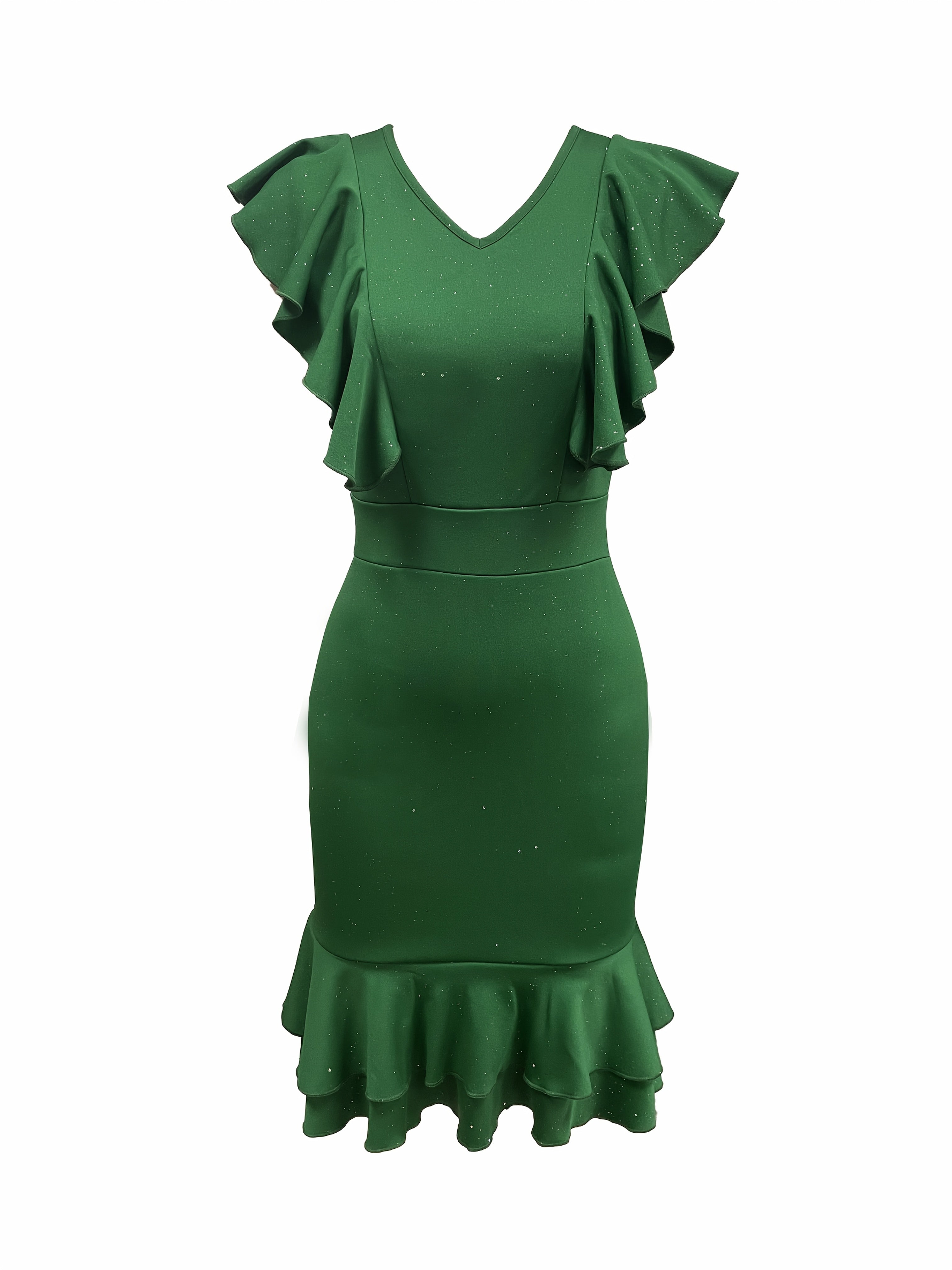 An emerald green V-neck bodycon midi dress featuring ruffled sleeves and a ruffled hem.