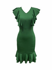 An emerald green V-neck bodycon midi dress featuring ruffled sleeves and a ruffled hem.