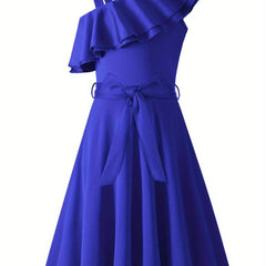 Girl's Sleeveless Polka Dot A-Line Dress with Ruffled One-Shoulder Design and Waist Bow - Black & White Summer Dress for Youngsters 5-12 Years