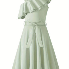 Girl's Sleeveless Polka Dot A-Line Dress with Ruffled One-Shoulder Design and Waist Bow - Black & White Summer Dress for Youngsters 5-12 Years