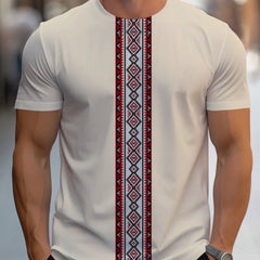 Men's Ethnic Geometric Embroidery T-Shirt - Premium Fabric, Comfort Fit Round Neck, Machine Washable Casual Top for Casual Attire, T Shirt, Durable Fabric Shirt