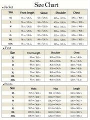 A size chart table for a three-piece men's suit including jacket, vest, and pants measurements.