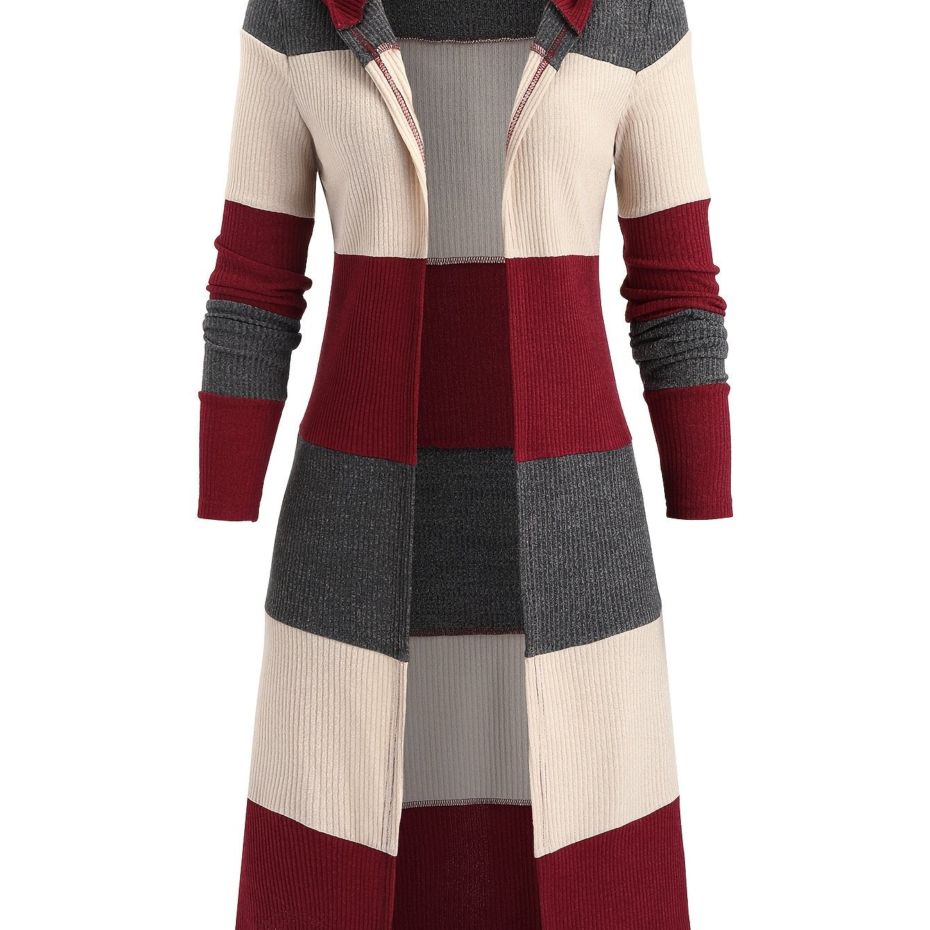 A long-sleeved, hooded cardigan featuring a maroon, grey, and beige color-block knit design.