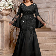 A black plus-size mermaid gown featuring a sequined lace bodice, V-neck, and sheer bell sleeves.