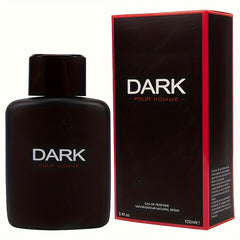 A bottle of Dark Pour Homme eau de parfum next to its black and red rectangular box.