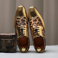 Men's leopard print oxford dress shoes featuring metallic gold accents and brogue detailing.