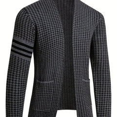 A slim-fit grey and black houndstooth knit cardigan with three black stripes on the right sleeve.