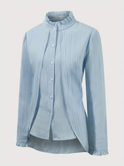 A light blue long-sleeve blouse with a ruffled collar, button-up front, and ruffled cuffs.