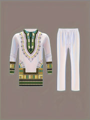 Men'S African Tribal Art Pajama Set - White & Brown Geometric Pattern, Long Sleeve Button-Up Shirt & Pants, Regular Fit Casual Sleepwear for All Seasons, Cultural Attire, Cultural Attire|Tribal Style|Buttonup Top, African Clo