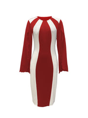A red and white color block bodycon dress featuring a crew neck and long split cuffs.