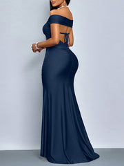 Women's Off-the-Shoulder Bodycon Evening Dress - Solid Color with Side Slit, Machine Washable Lightweight Formal Party Dress for All Seasons, Allseason Attire, Elegant Design