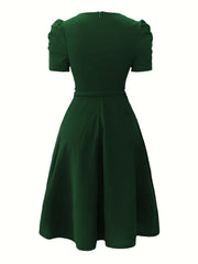 Women'S Stylish Red V-Neck Ruffle Swing Dress - Fitted, Short Sleeve, Belted, Perfect for Spring/Summer, Casual to Formal Attire, Casual Attire | Ruffle Detail | Vneckline Dress