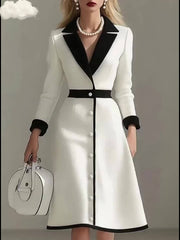 A woman wears an elegant white midi dress with a black lapel, waist band, and sleeve cuffs.