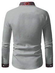 Men's Tribal Ethnic Print Long Sleeve Dress Shirt - 100% Polyester, Classic Collar & Button-Up Front, Machine Washable, Spring/Fall Casual to Formal Wear