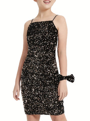 Girls Sparkling Black Sequin Velvet Bodycon Mini Dress with Bow - Spaghetti Strap Party Dress for Dance Recitals, Birthdays & Special Occasions, Birthday Celebration Outfit | Sleek Silhouette Design, Dresses for Girls
