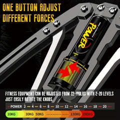 A hydraulic arm trainer with a rotating dial to adjust resistance levels from 22 to 440 pounds.