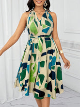 Women's Casual Summer Dress - Notch V-Neck Geometric Print with Bow Waist Tie, Lightweight Machine-Washable A-Line Silhouette for Spring/Summer, Versatile for Casual & Semi-Formal Occasions, Cute Summer Dresses