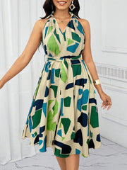 Women's Casual Summer Dress - Notch V-Neck Geometric Print with Bow Waist Tie, Lightweight Machine-Washable A-Line Silhouette for Spring/Summer, Versatile for Casual & Semi-Formal Occasions, Cute Summer Dresses