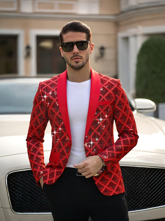Men's Sequin-Embellished Blazer - Notched Lapel Party Jacket, Structured H-Fit Formal Coat for Weddings, Stage Performances, Events - Year-Round Evening Attire with Button Front Closure, Wedding Guest Attire, Notch Lapel Desi