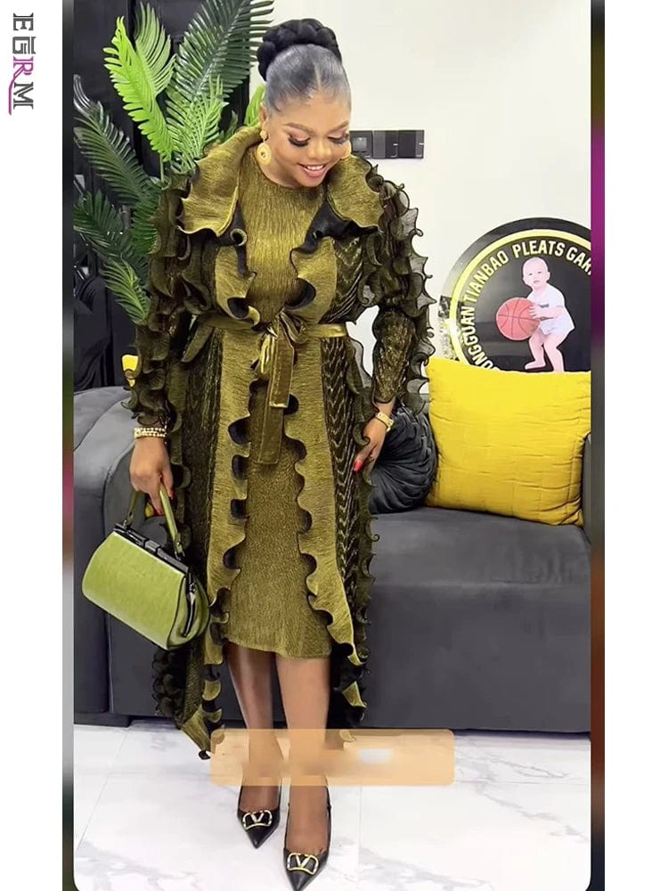 EGRM Pleated 2 Piece Sets Fashion Ruffles Long Sleeves Coat with Suspender Slim High Waist Female Clothing Autumn 2024 New 6R218 - SHOWLU FASHION STORE