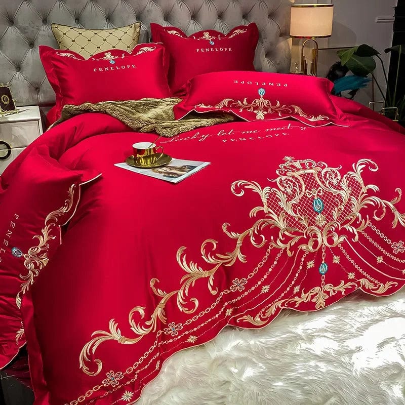 Egyptian Cotton Bedding Set Golden Embroidery Home Textiles Super Soft Bed Duvet Sheet Set King Queen Size Chic Stitch Linen 이불 - SHOWLU FASHION STORE