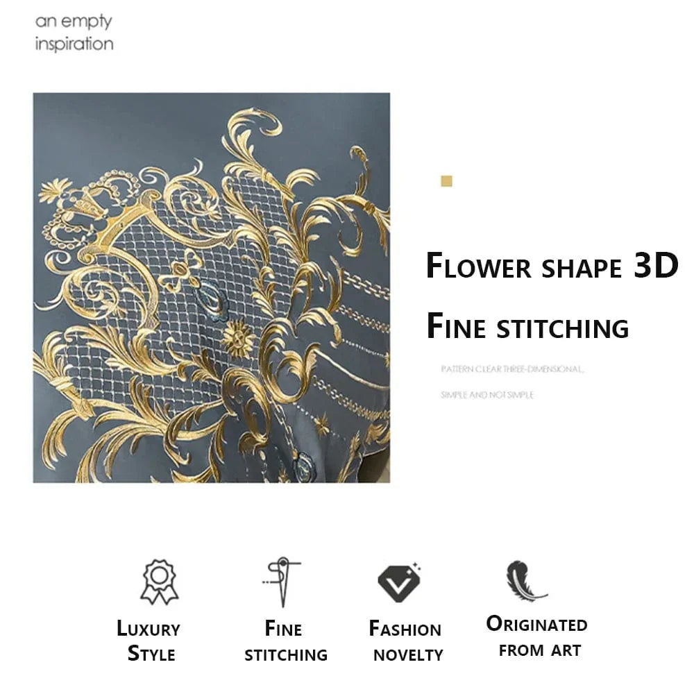 Egyptian Cotton Bedding Set Golden Embroidery Home Textiles Super Soft Bed Duvet Sheet Set King Queen Size Chic Stitch Linen 이불 - SHOWLU FASHION STORE