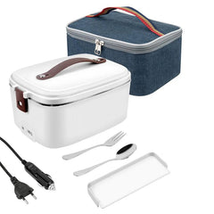 An electric heated lunch box with a carry bag, power cords, and stainless steel cutlery.