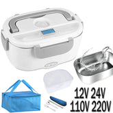 An electric heating lunch box with a stainless steel container, carrying bag, and utensils.
