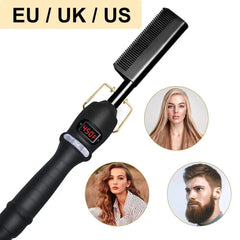 An electric hot comb with a digital temperature display set to 450 degrees Fahrenheit.