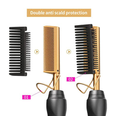 An electric hot comb with a detachable black protective guard for anti-scald safety.