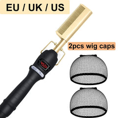 An electric hot comb with a digital temperature display and two black mesh wig caps.