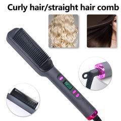 A grey electric hair straightening comb with a digital temperature display and a swivel cord.