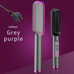 A grey and purple electric hair straightening comb with an LED temperature display.