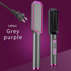A grey and purple electric hair straightening brush with a digital temperature display.