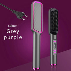 A grey and purple electric hair straightening comb with an LED temperature display.
