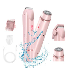A pink two-in-one electric women's shaver with interchangeable heads, accessories, and a USB cable.
