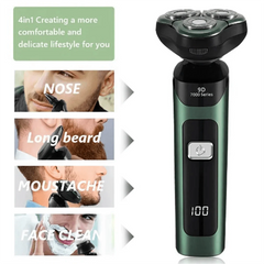 A green electric shaver with a digital display and four interchangeable grooming attachments.